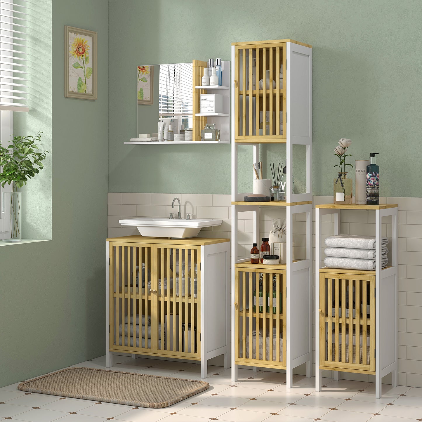 HOMCOM Bamboo Panel Bathroom Mirror, with Shelves - White