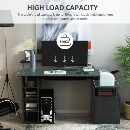 Black HOMCOM computer desk shown supporting equipment on its desktop and side shelf