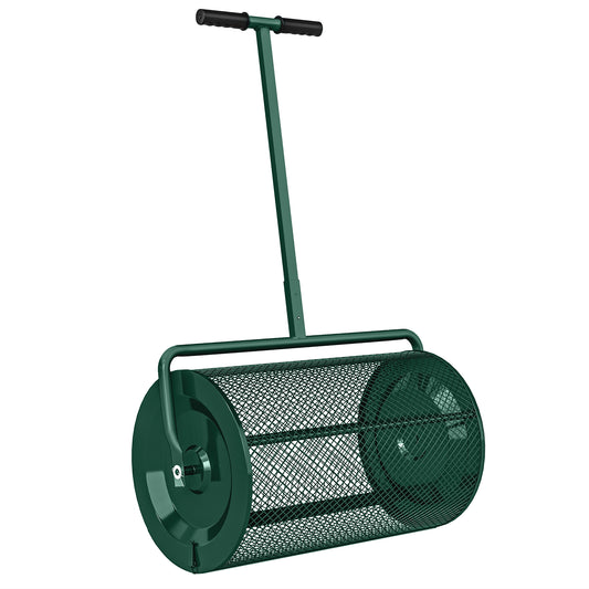 Photo of Outsunny Compost Spreader, 24" Peat Moss Spreader with Height Adjustable T Shaped Handle and Metal Mesh Basket, Garden Spreader for Seeding, Spreading Manure, Green in Green colour on a white background