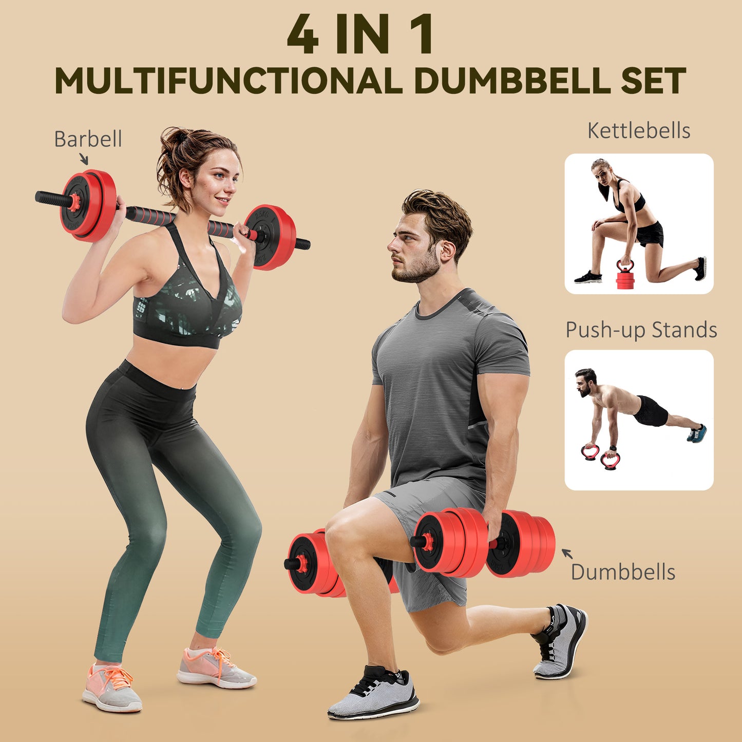 SPORTNOW 30kg 6-In-One Adjustable Weight Dumbbells Set, Barbell, Kettlebell, Push Up Stand - Red