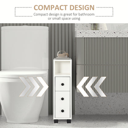 Narrow white bathroom storage cabinet with an open shelf, three drawers and caster wheels
