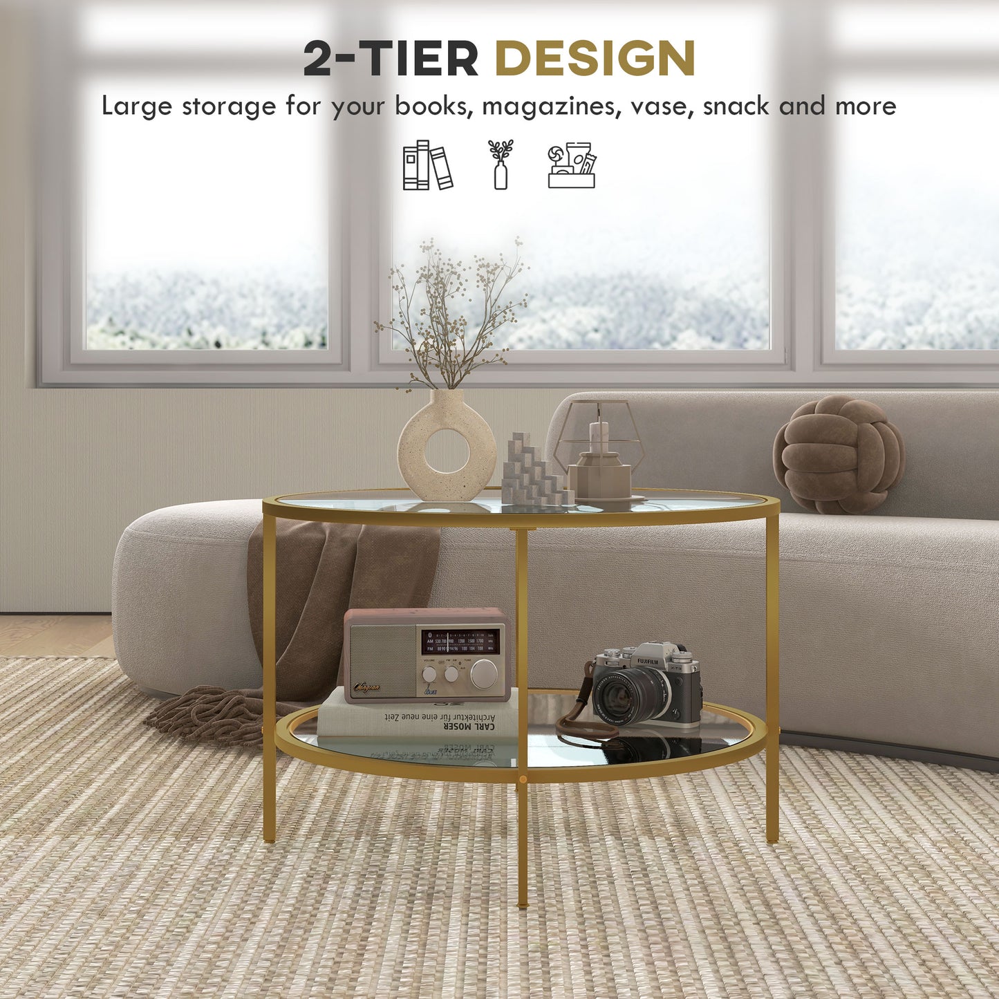 HOMCOM Round Coffee Table with Storage, 2-Tier Tempered Glass Coffee Table with Steel Frame for Living Room, Gold Tone