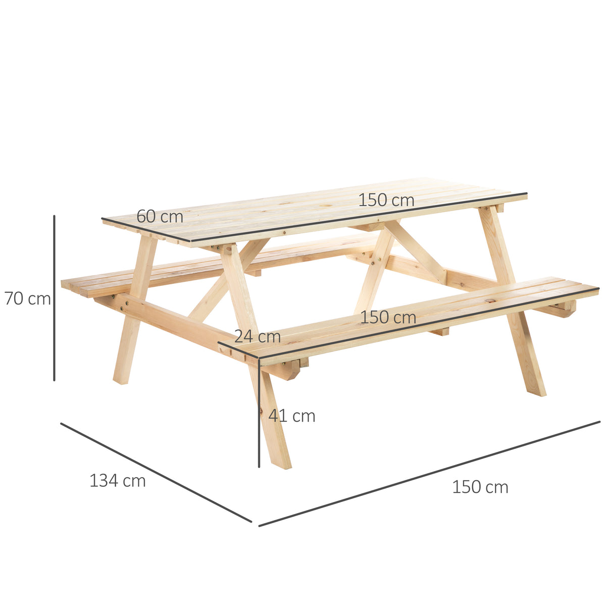 Wooden picnic table with attached benches and dimension labels
