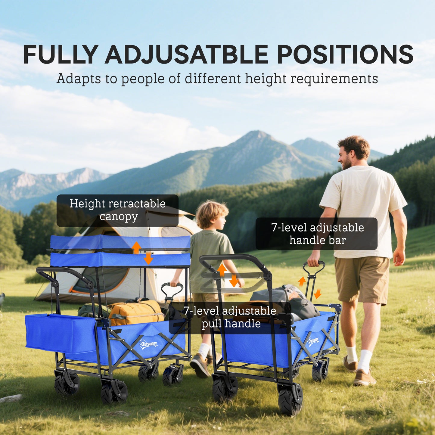 Outsunny 180L Festival Trolley on Wheels, Push & Pull Beach Cart with Removable Canopy, Wide All-Terrain Wheels, Folding Camping Trolley Cart, Adjustable Handle for Garden Fishing Shopping, Blue