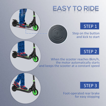 Green and black HOMCOM electric scooter with foot-operated rear brake and start button