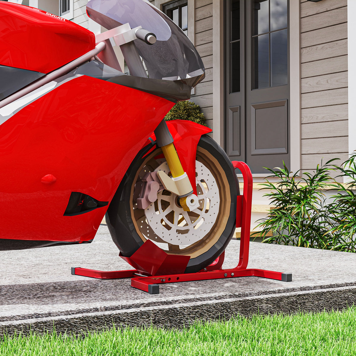 HOMCOM Metal Motorcycle Motorbike Wheel Chock Locking Stand System 17", 19", 21"/43, 48, 51 cm Front Wheels Steel Adjustable Fixing Tyre Holder Support