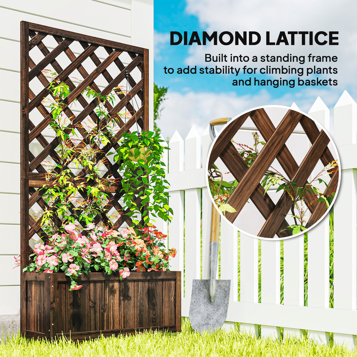 Outsunny wooden planter with diamond trellis, climbing vines, and colorful flowers