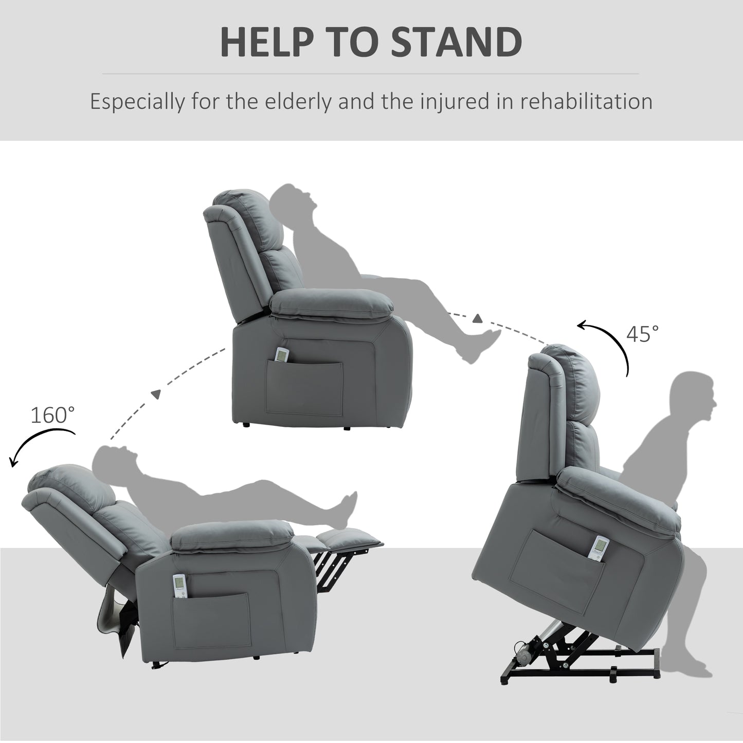 HOMCOM Riser and Recliner Chair with Vibration Massage, PU Leather Power Lift Chair for Elderly, Grey