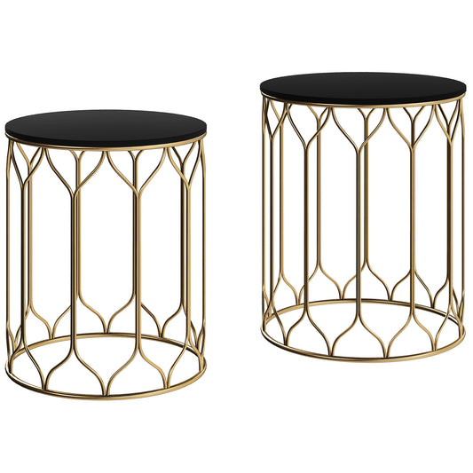 Photo of Outsunny Round Coffee Table Set of 2, Modern Nesting Tables with Ceramic Tile Top, Small End Tables, Indoor Outdoor Side Table with Metal Frame for Living Room, Bedroom, Patio, Balcony, Black in Black colour on a white background