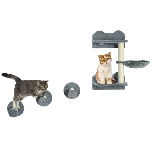 Photo of PawHut 4 Piece Cat Shelf with Scratching Post, Wall-Mounted Cat Tree for Indoor Cat - Grey in Grey colour on a white background