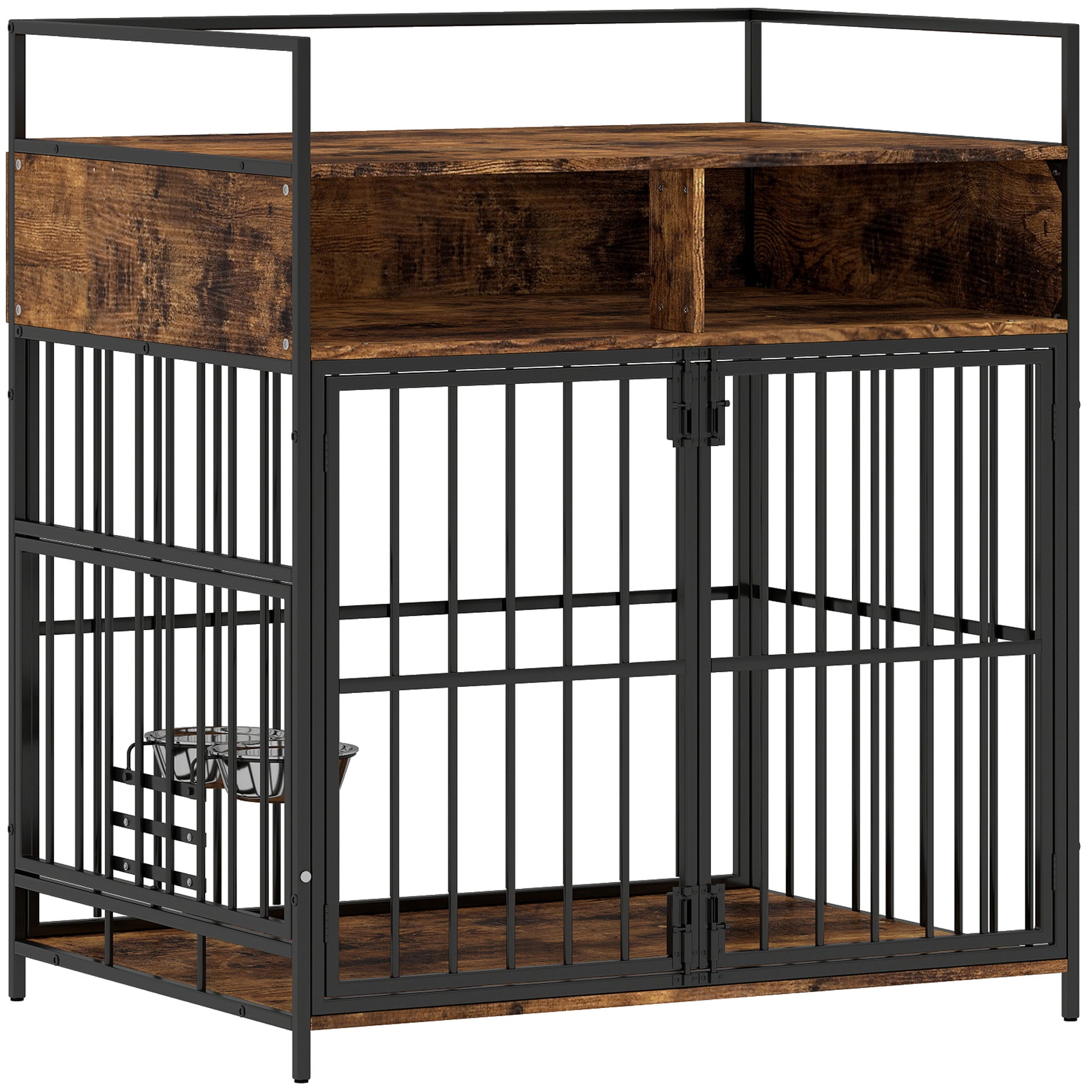 Photo of PawHut Dog Crate Furniture, Dog Cage with Rotatable Feeding Station and Storage Shelves, End Side Table Indoor Pet Kenne in Kenne colour on a white background