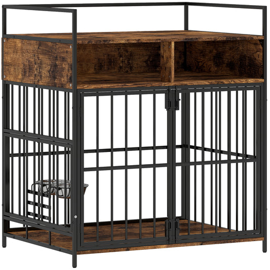 Photo of PawHut Dog Crate Furniture, Dog Cage with Rotatable Feeding Station and Storage Shelves, End Side Table Indoor Pet Kenne in Kenne colour on a white background