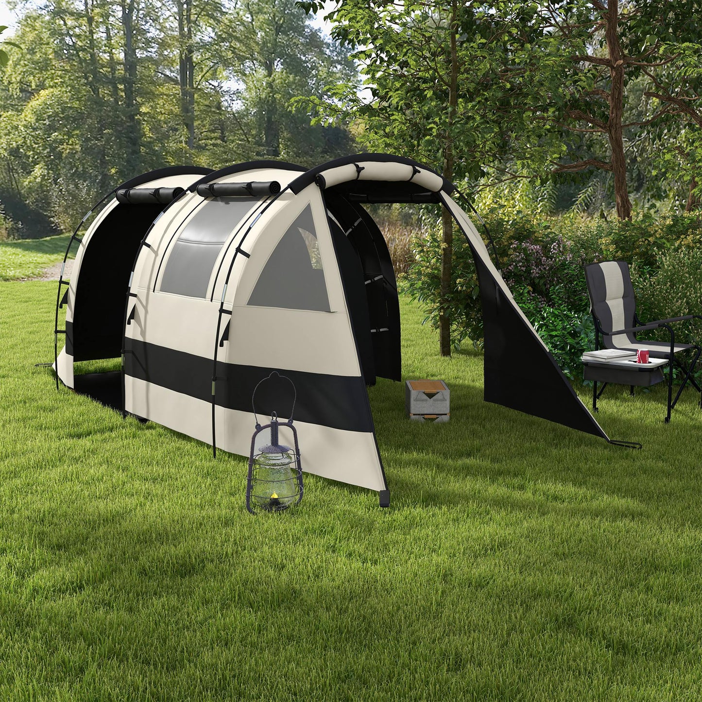 Outsunny Camping Tent, 4-5 Man Blackout Tent with Bedroom and Living Room, Portable with Bag, for Fishing Hiking Festival, Khaki