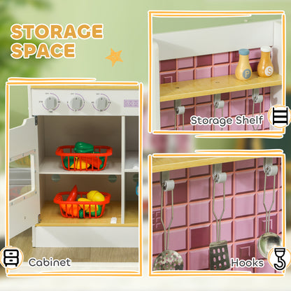 AIYAPLAY play kitchen storage with cabinet baskets, shelf and hanging utensil hooks