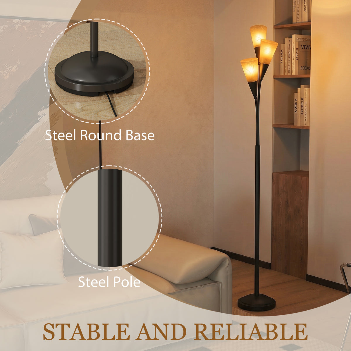 HOMCOM Modern Standing Lamp, 3-Light Upright Floor Lamps for Living Room, Black
