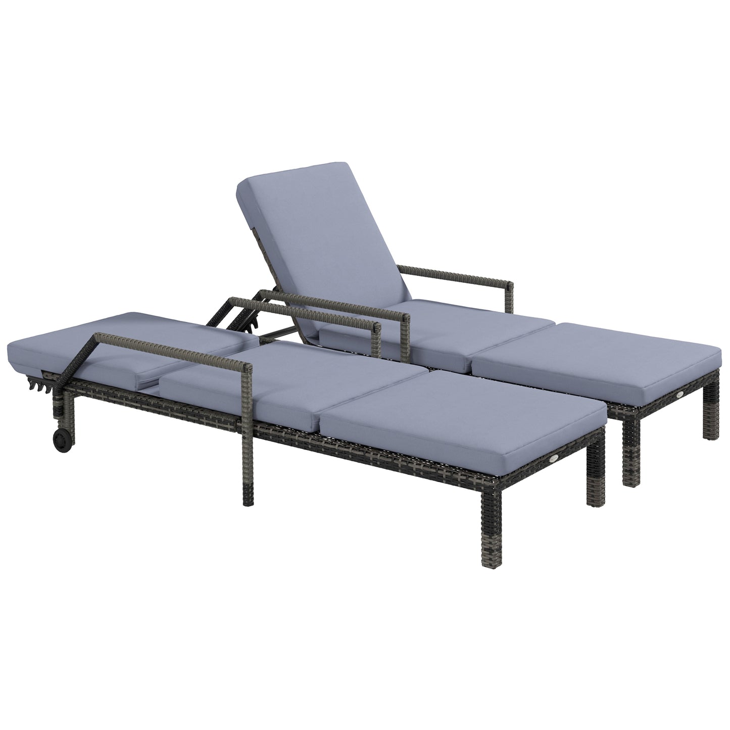 Photo of Outsunny Outdoor PE Rattan Sun Lounger Set of 2, Wicker Chaise Recliner Garden Chair with 5-Level Adjustable Backrest and 2 Wheels, Dark Grey in Grey colour on a white background