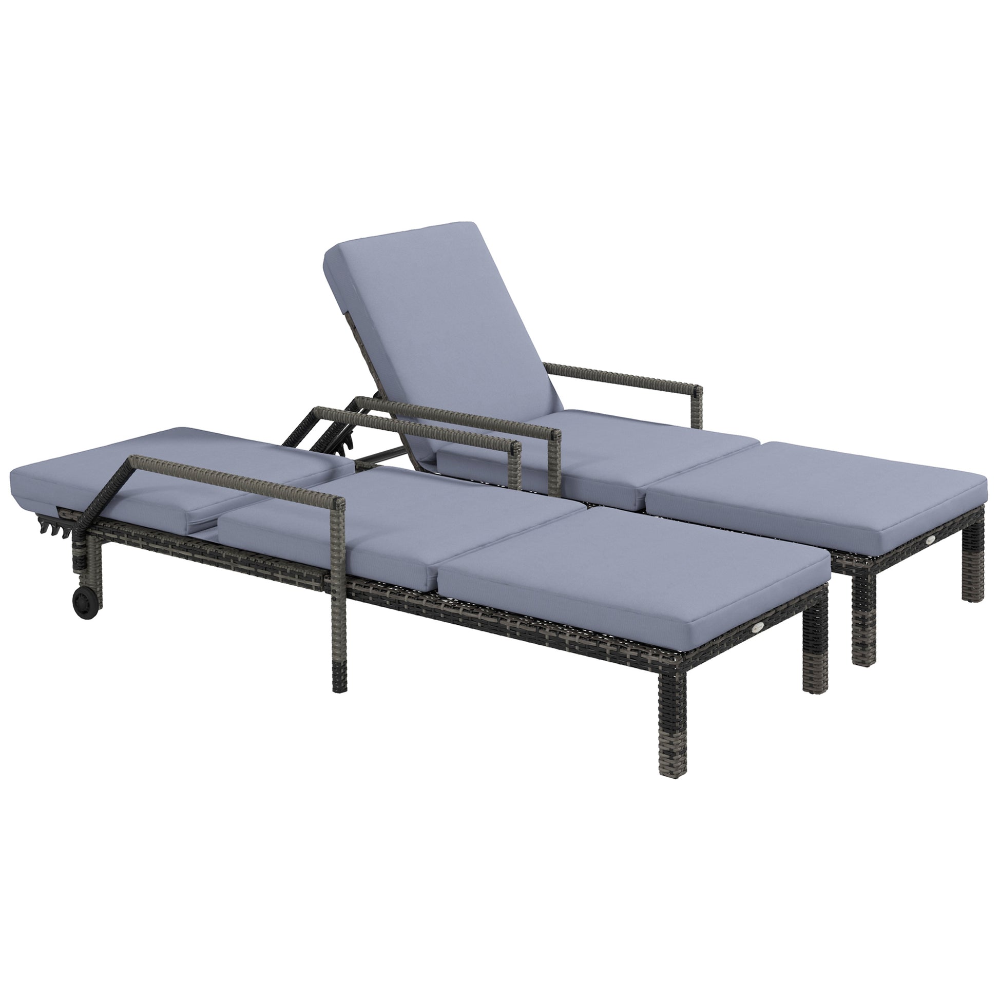 Photo of Outsunny Outdoor PE Rattan Sun Lounger Set of 2, Wicker Chaise Recliner Garden Chair with 5-Level Adjustable Backrest and 2 Wheels, Dark Grey in Grey colour on a white background