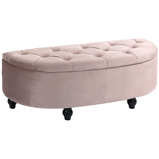 Photo of HOMCOM Semi-Circle Ottoman Storage Bench, Bed End Bench, Tufted Upholstered Window Seat Footrest Stool with Rubberwood Legs for Bedroom & Entryway, 120 x 46 x 42 cm, Pink in Pink colour on a white background