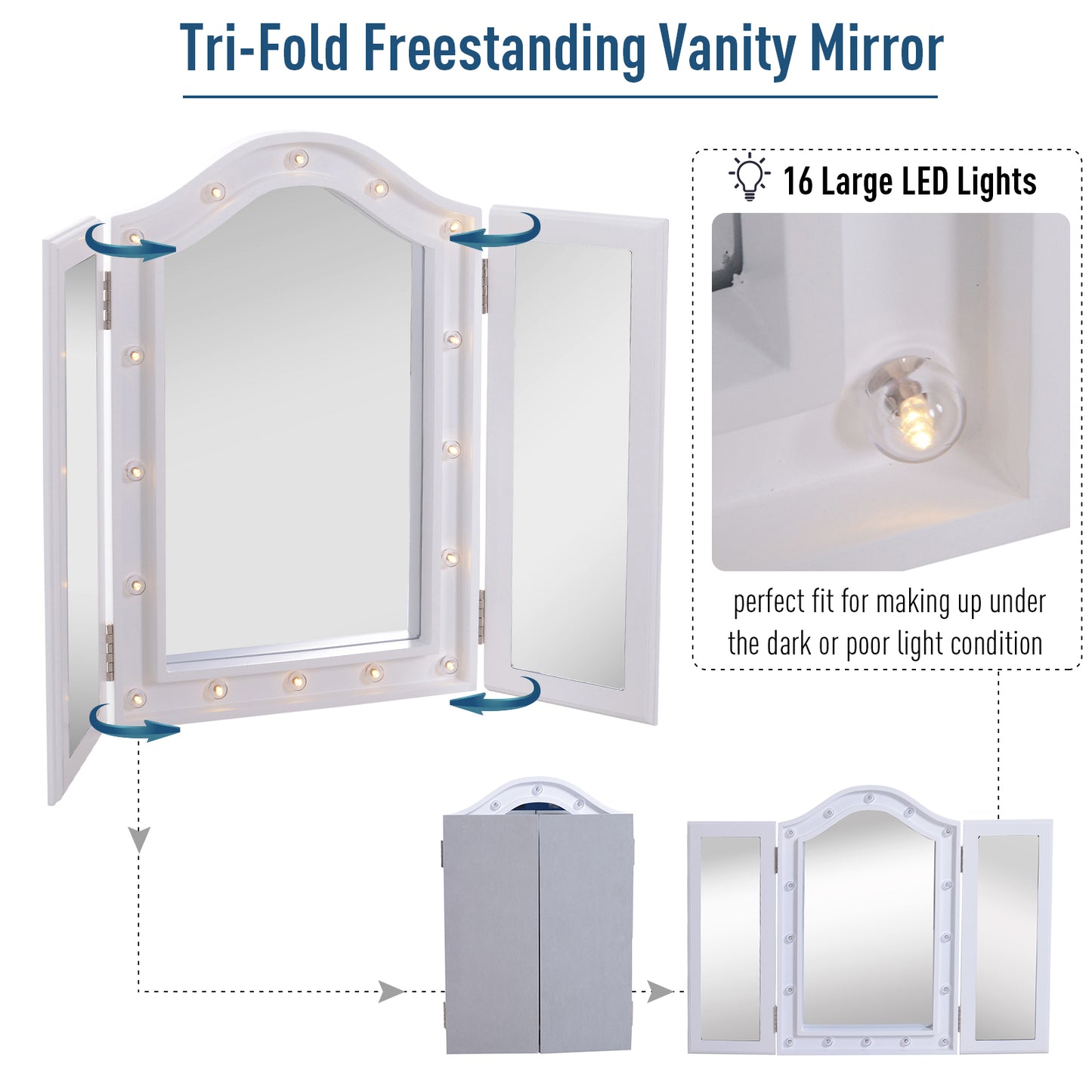 HOMCOM Trifold Tabletop Mirror, 73x53.5cm Makeup Mirror Large Cosmetic w/16 LED Lights Powered by Batteries, Foldable For Bedroom, White