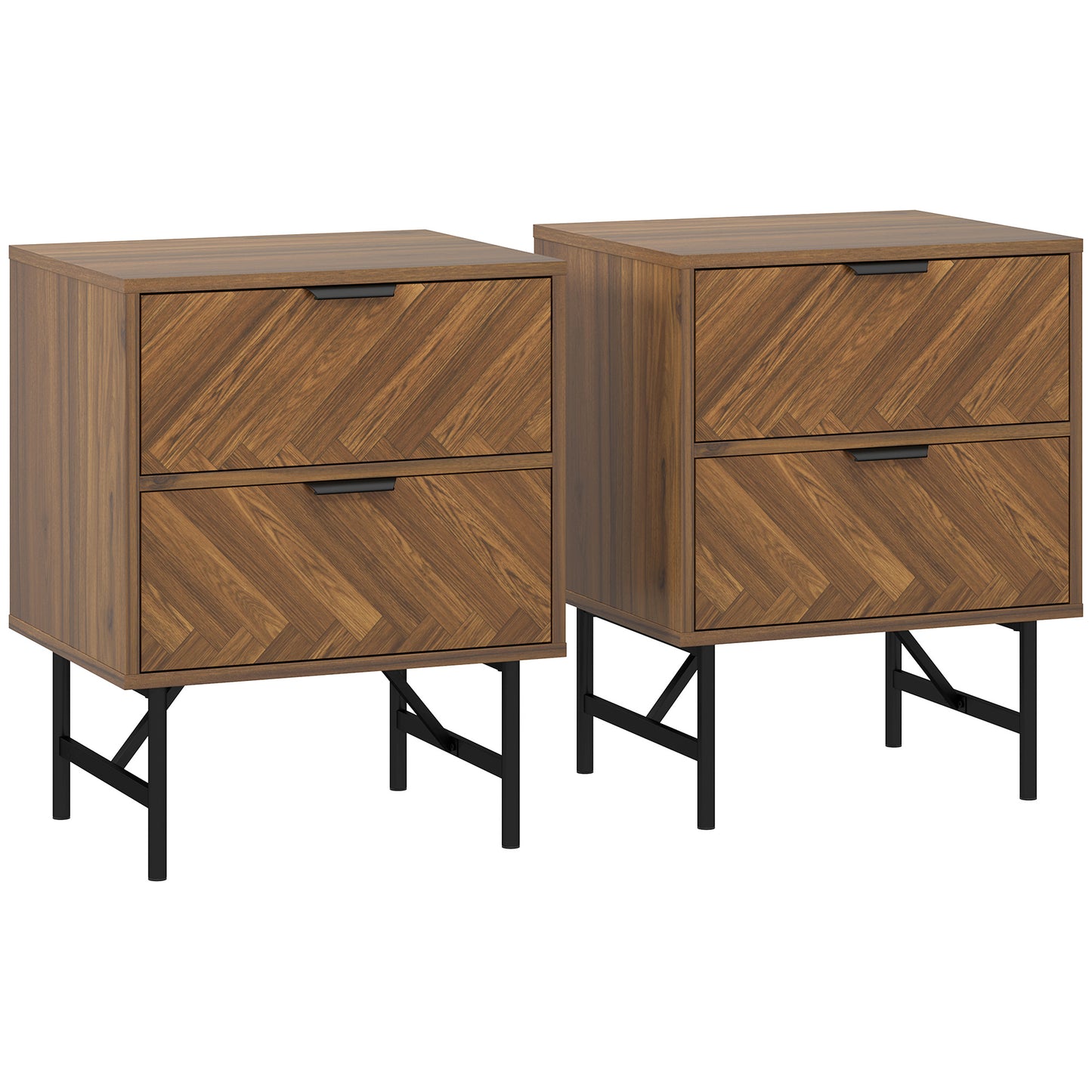 Photo of HOMCOM Bedside Table Set of 2 with 2 Drawers, Modern Side Tables with Herringbone Pattern and Metal Legs for Bedroom, Living Room, Walnut Brown in Brown colour on a white background