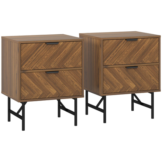 Photo of HOMCOM Bedside Table Set of 2 with 2 Drawers, Modern Side Tables with Herringbone Pattern and Metal Legs for Bedroom, Living Room, Walnut Brown in Brown colour on a white background