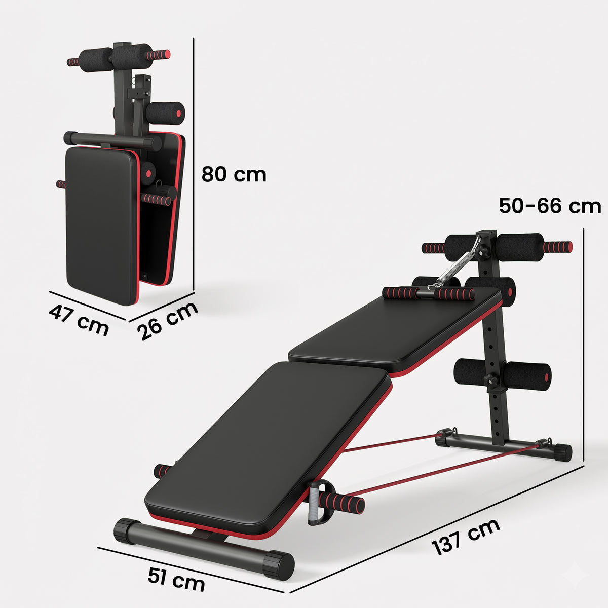 HOMCOM adjustable sit-up bench shown folded and assembled, with size measurements