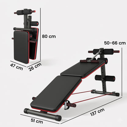 HOMCOM adjustable sit-up bench shown folded and assembled, with size measurements
