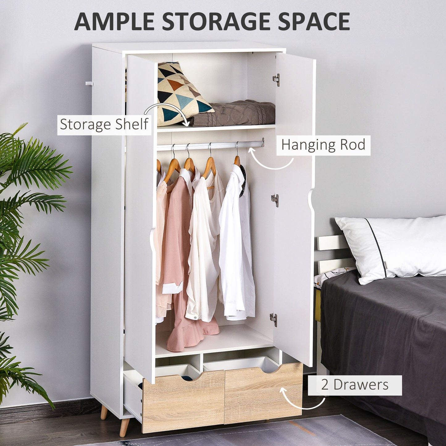 HOMCOM Bedroom Furniture Set, Wardrobe with Hanging Rod, Side Cabinet with Wood Legs, Bedside Table with Drawer, Nature Wood Finish and White