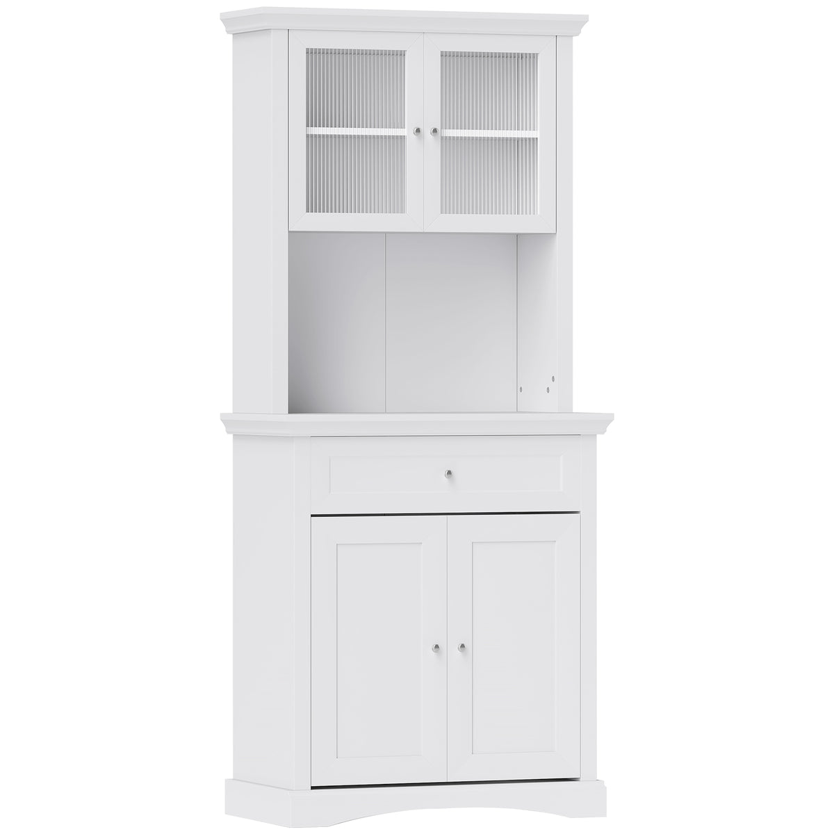 White kitchen cupboard with four doors, a drawer, glass-front upper cabinet and open counter