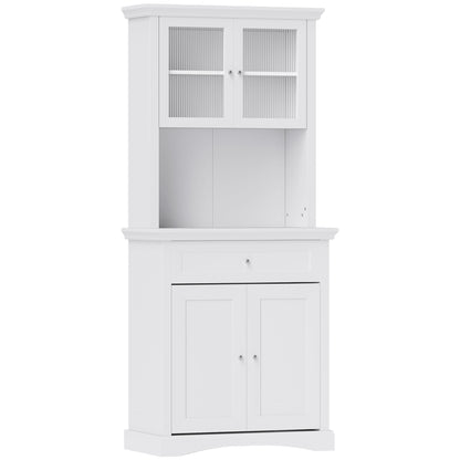 White kitchen cupboard with four doors, a drawer, glass-front upper cabinet and open counter