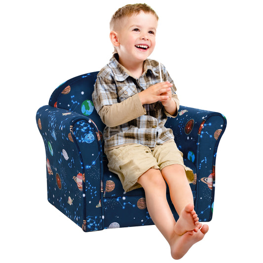 Photo of HOMCOM Kids Planet-Themed Armchair, with Non-Slip Feet, Wooden Frame - Blue in Blue colour on a white background