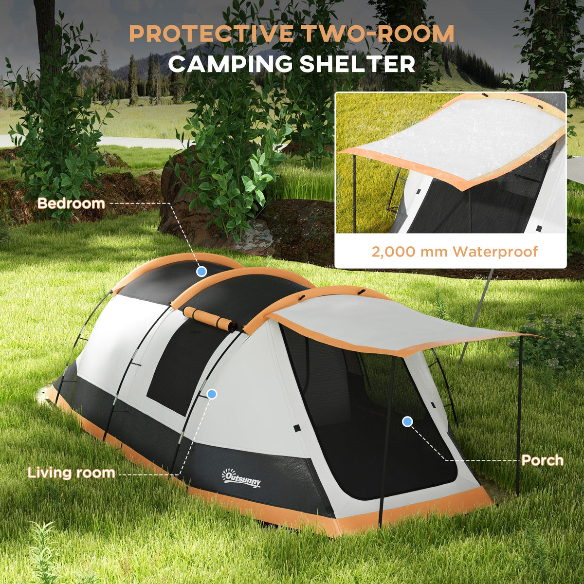 Outsunny 2 Man Camping Tent, with Two Rooms and Porch - Orange