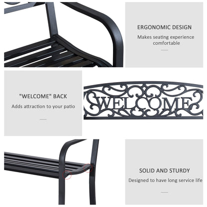 Black steel bench details showing its slatted seat, curved arm, and decorative backrest