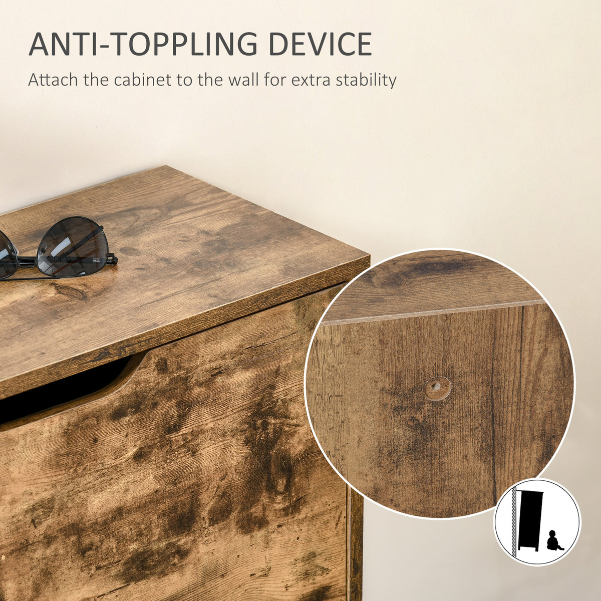 Rustic brown shoe cabinet close-up showing its wall attachment point.