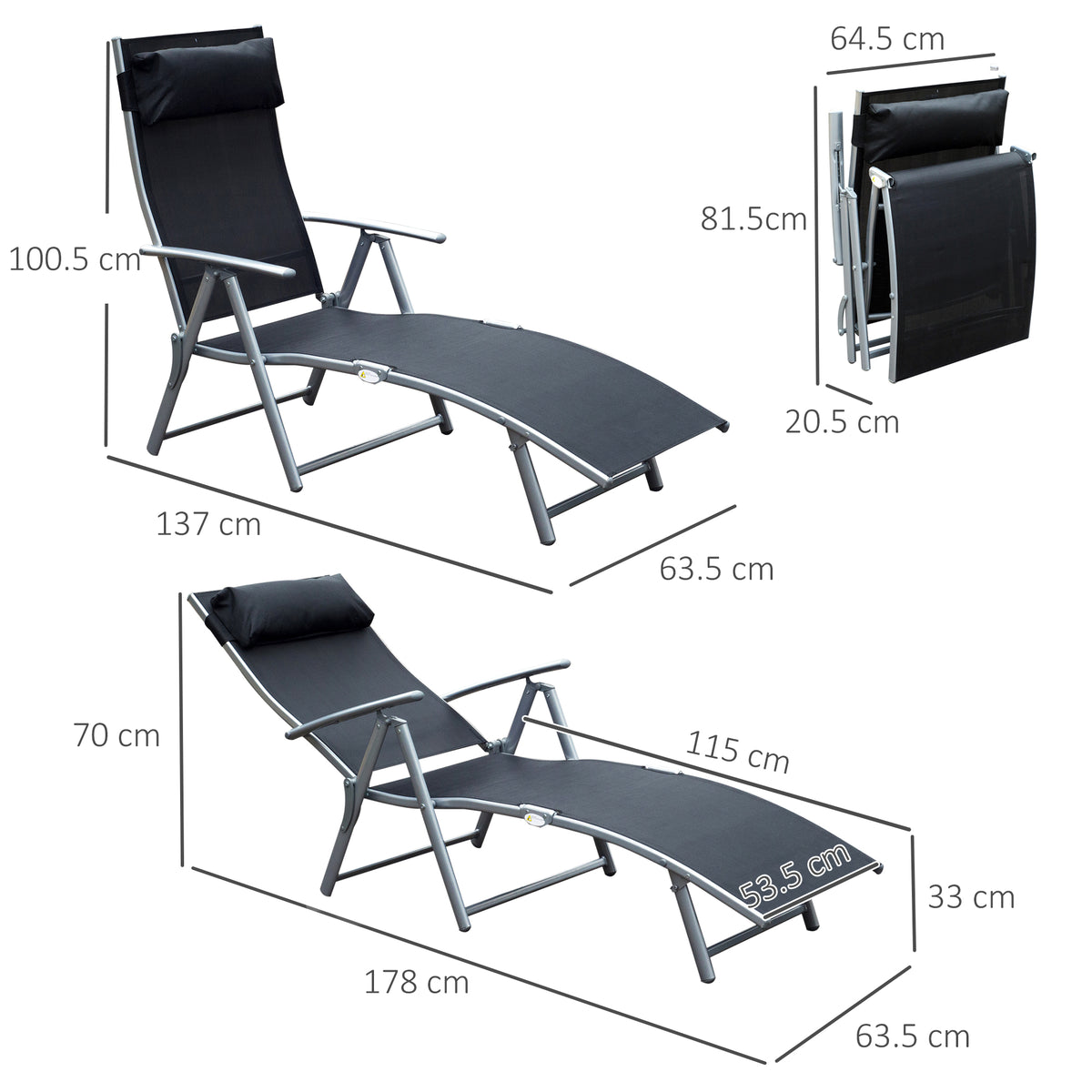 Black folding sun lounger shown open and folded with product dimensions