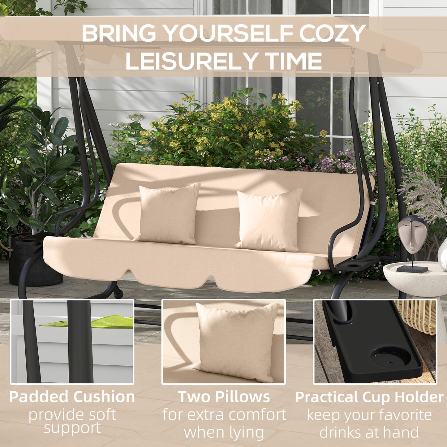 Outsunny Three-Person Garden Swing Chair, with Adjustable Canopy - Light Brown