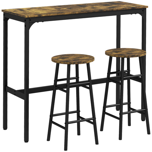 Photo of HOMCOM 3 Piece Bar Table Set with 2 Stools, Industrial Bar Table and Stool Set, Dining Table and Chair Set, Rustic Brown in Brown colour on a white background