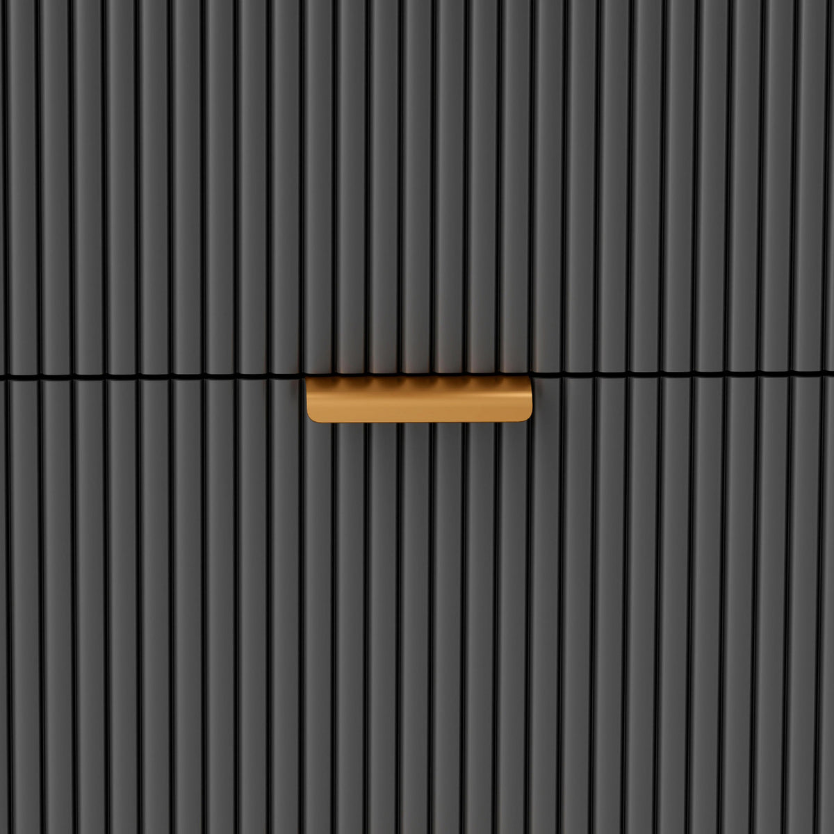Close-up of the bedside table's black fluted drawer front and gold-tone handle