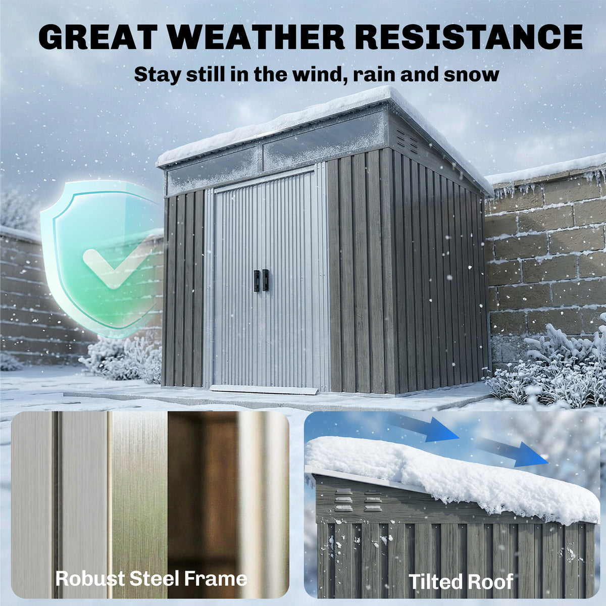 Outsunny metal garden shed with double sliding doors and a sloped roof in snowy conditions