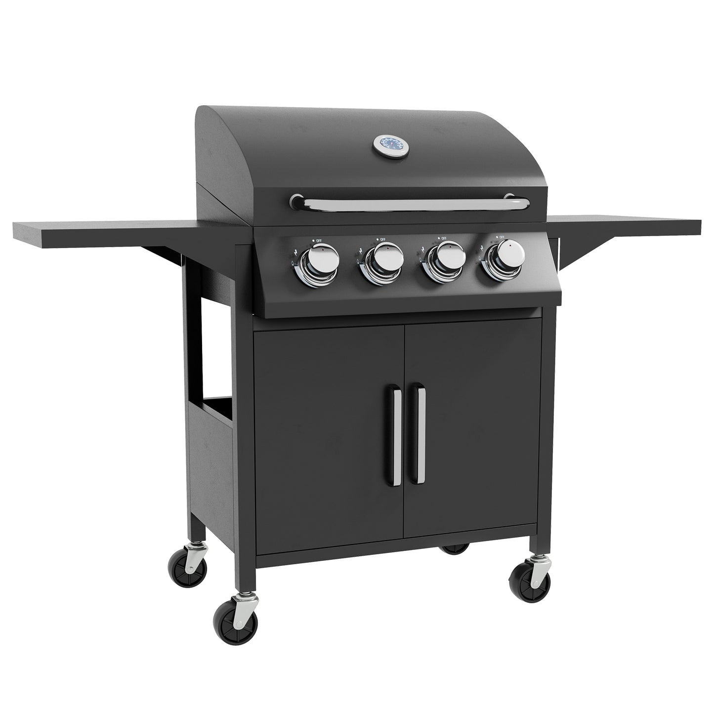 Photo of Outsunny 4 Burner Gas BBQ Grill Outdoor Portable Barbecue Trolley w/ Warming Rack, Side Shelves, Storage Cabinet, Thermometer in Thermometer colour on a white background