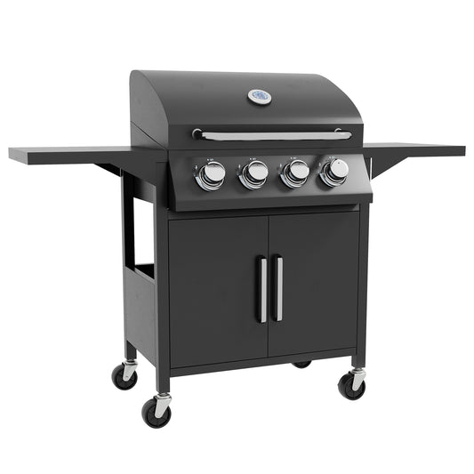 Photo of Outsunny 4 Burner Gas BBQ Grill Outdoor 11.6 kW Portable Barbecue Trolley w/ Warming Rack, Side Shelves, Cabinet in Cabinet colour on a white background