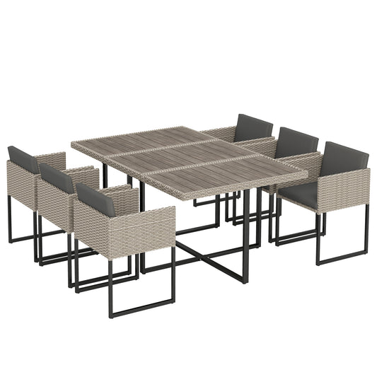 Photo of Outsunny 7 Piece Rattan Garden Furniture Set, Garden Dining Set with Wood-Plastic Table and 6 Stackable Chairs, Light Grey in Grey colour on a white background