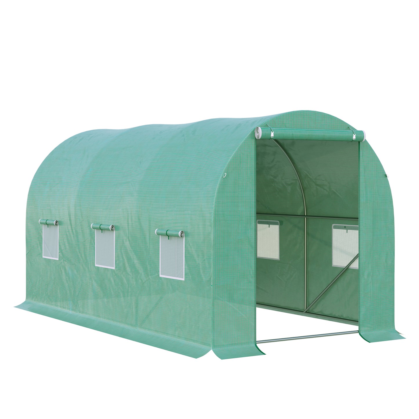 Photo of Outsunny 4 x 2 x 2 m Polytunnel Greenhouse with Roll-up Door and 6 Mesh Windows, Walk-in Garden Tunnel Warm House Tent with UV-resistant PE Cover and Galvanised Steel Frame, Green in Green colour on a white background