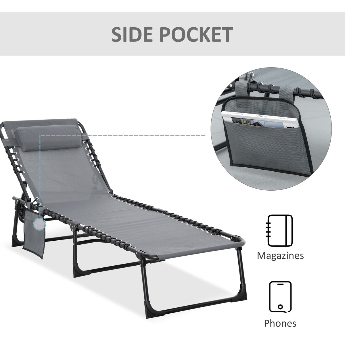 Grey reclining sun lounger with side pocket for a phone or magazines