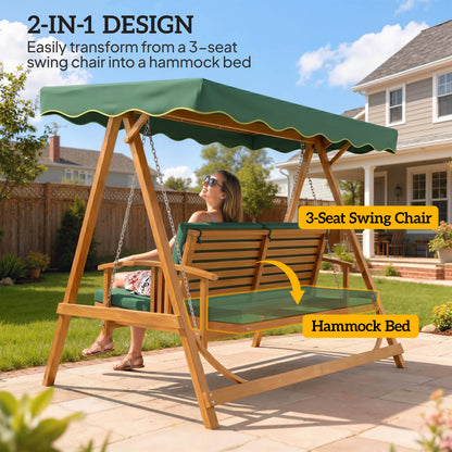 Convertible wooden swing bench shown transforming into a hammock bed