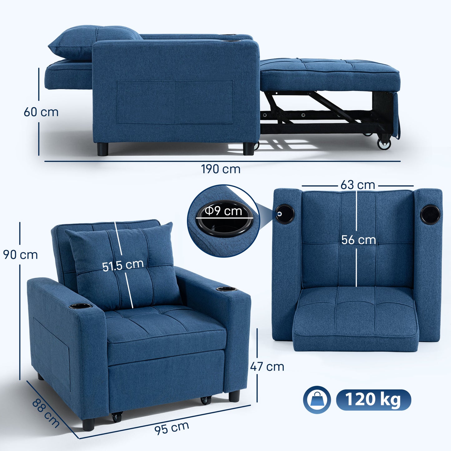 HOMCOM 3-in-1 Single Sofa Bed, Convertible Sleeper Chair Bed with 3-level Adjustable Back - Dark Blue