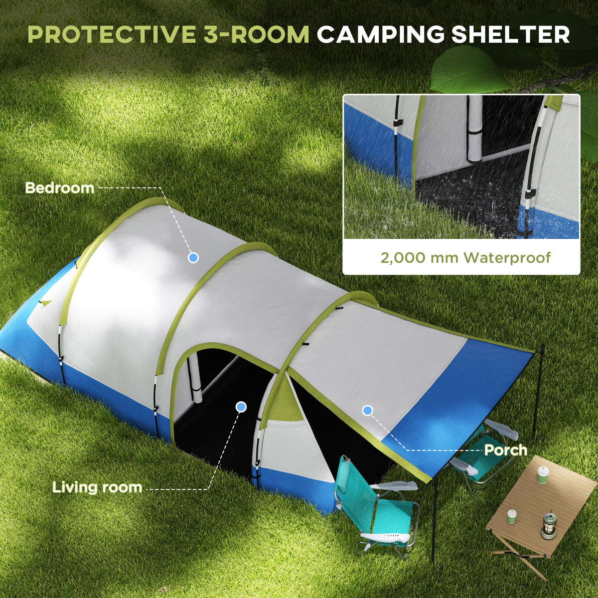 Outsunny Two Man Two-Room Tent, with Porch and Accessories - Green