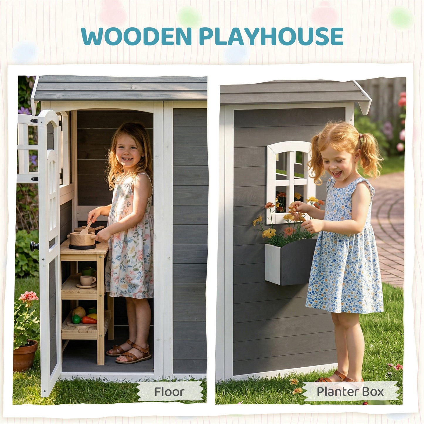 Outsunny Wooden Playhouse for Kids with Doors, Windows, Plant Box, Floors, for Ages 3-8 Years, for Gardens, Lawns, Patios - Grey