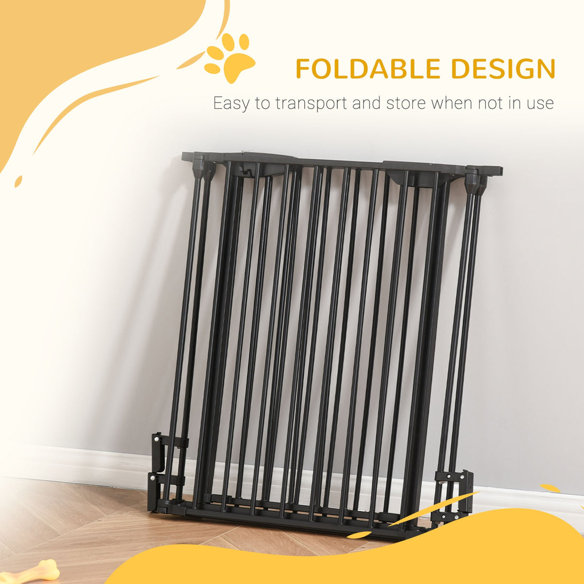 PawHut black metal pet gate folded upright for storage