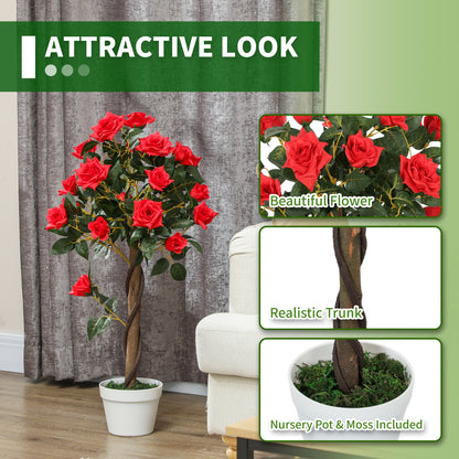 Artificial red rose tree with twisted trunk, leafy flowers and moss in a nursery pot